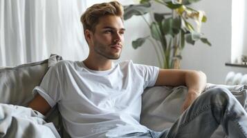 Young man wearing a blank t-shirt mockup while relaxing at home photo