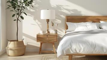 Minimalist bedroom with pillow and modern decorated mockup photo
