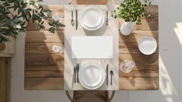 Top view of minimalist dining table with a blank placemat mockup photo