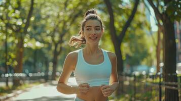 Young woman wearing a blank tank top activewear mockup while jogging in the park photo
