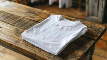A stack of folded white t-shirts mockup on a shelf in a store photo