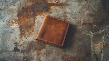 Trendy blank wallet mockup on grunge surface background photo