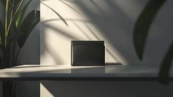 Black leather wallet mockup on a minimalist setting photo