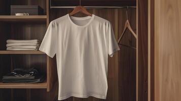 Blank white t-shirt mockup on a hanger against a wardrobe background photo