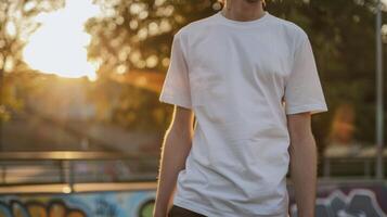 Young person wearing a blank t-shirt mockup while skateboarding in the park photo