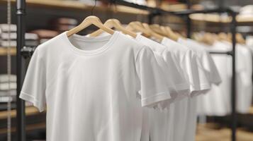 Blank white t-shirt mockup displayed on a clothing rack in a retail store photo