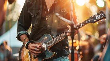 Hipster man wearing a blank black shirt mockup while playing guitar at a music festival photo