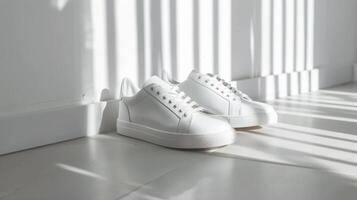 Fashionable blank sneakers mockup on a minimalist floor photo