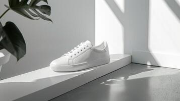 Fashionable blank sneakers mockup on a minimalist floor photo