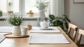 Minimalist dining table with a blank placemat mockup photo