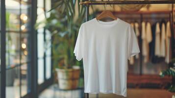Blank white t-shirt mockup displayed on a clothing rack in a retail store photo