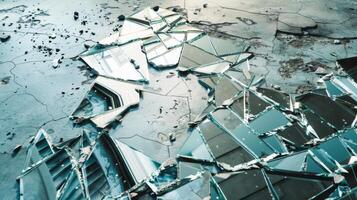 A cracked mirror reflects a room with a window background photo