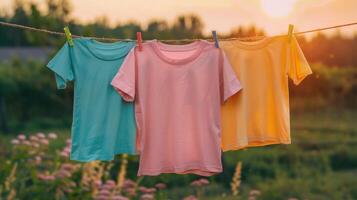 Three shirts of different colors hang on a clothesline against the backdrop of a sunset photo