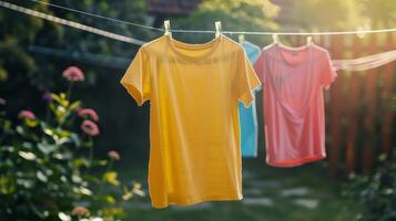 Three shirts of different colors hanging on a clothesline in the sunlight photo