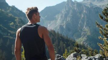 healthy man wearing a blank black tank top mockup while hiking in the mountains photo