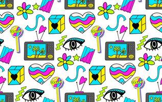 Trendy 90s style seamless pattern with neon items elements,Fashion texture with patch, stickers. Pop art wallpapers, textile and wrapping print. illustration vector