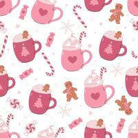 Seamless pattern with pink Christmas sweets and drinks on a white background. graphics. vector