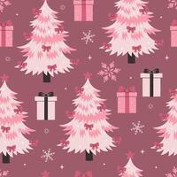 Seamless pattern with pink Christmas trees and gifts. graphics. vector