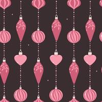Seamless pattern with pink Christmas tree decorations on a dark background. graphics. vector