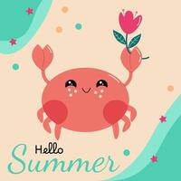 Bright summer card Hello Summer with a funny crab holding a flower on the beach vector