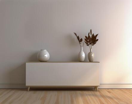 three vases on a shelf in a room with a wall behind them photo