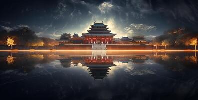 Majestic traditional chinese pagoda reflected in still waters at twilight photo