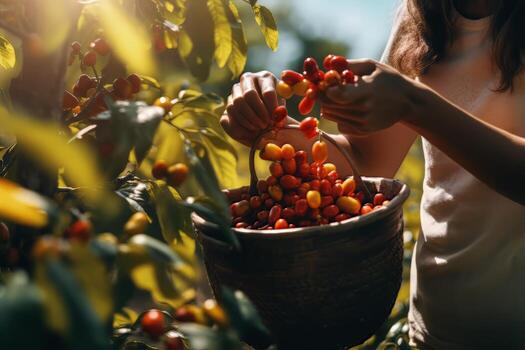 woman picking cherries from a tree photo