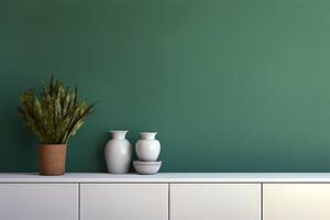 white shelf with vases on it and a potted plant on the side photo