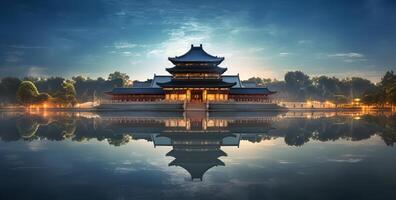 Serene twilight at an ancient chinese pagoda reflecting on calm waters photo