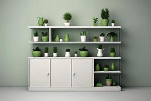 shelf with plants and pots on it photo