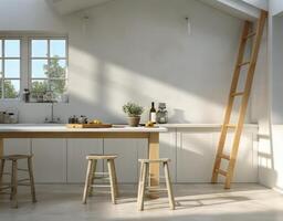 kitchen with a ladder that is in the corner of a room with a ladder on the wall photo