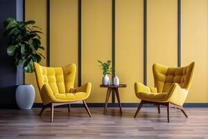 3d render of minimalist living room with yellow chairs and a plant on the table photo