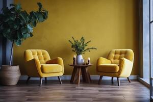 3d render loft living room with yellow armchairs and coffee table with plant photo