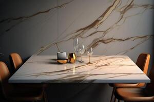 Elegant dining table set with modern cutlery and marble background photo