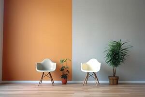 Minimalist interior design showing two white chairs and houseplants next to a two-tone wall. photo