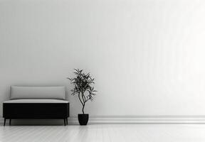 white couch with a plant in a black pot on the floor photo