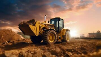 bulldozer is digging in the sand at sunset photo