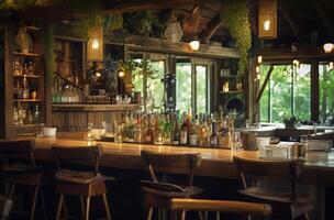 bar with a wooden counter and wooden chairs. photo