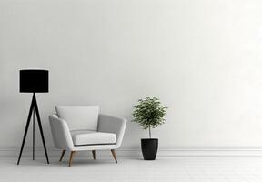 white chair and a plant in a room with a plant on the wall photo