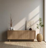 3d render of living room with a plant and a mockup frame photo
