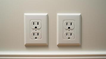White wall mounted socket board with two electrical sockets and a switch. Neural network photo