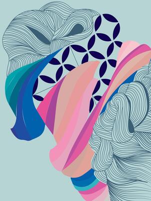 Composition of wavy lines. Hair in a hairstyle intertwined with cloth.