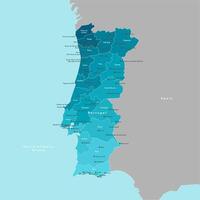 modern illustration. Simplified administrative map of Portugal. Border with nearest state Spain. Blue background of seas. Names of cities and Districts vector