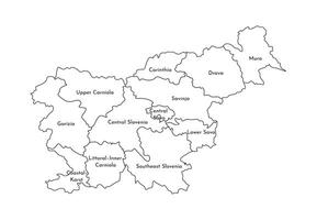 isolated illustration of simplified administrative map of Slovenia. Borders and names of the regions. Black line silhouettes. vector