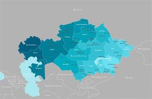 modern illustration. Simplified administrative map of Kazakhstan. Border with nearest states Russia, China and etc. Blue shape of sea. Names of cities and regions vector