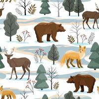 Seamless pattern with animals bear fox deer on winter forest background. vector