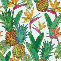 Seamless pattern with pineapple bird of paradise flowers and green palm leaves on white background vector
