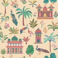pattern with Indian gardens design elements set, garden trees, palms, peacock architectural arches and palaces vector