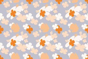Seamless Floral Pattern With Hand Drawn Vintage 70s Style Flower Background Illustration. Colorful Pastel Color Groovy Artwork Bundle, Y2k Nature Backgrounds With Spring Plants. vector