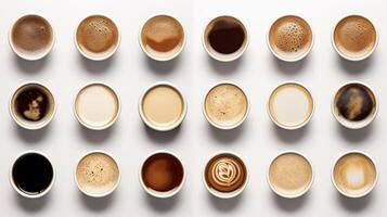 Many cups with tasty aromatic coffee on white background. Neural network photo